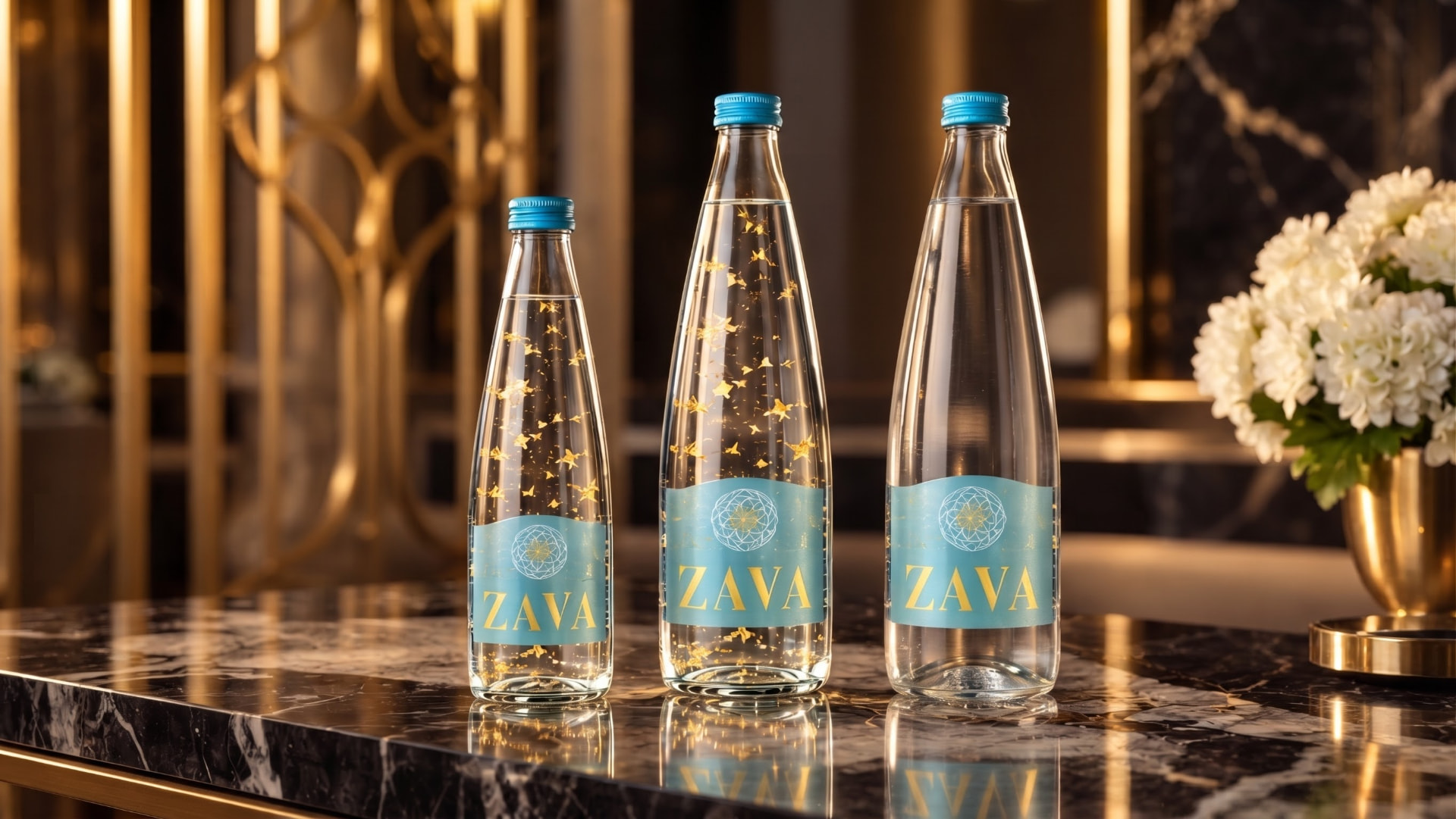 Bouteilles ZAVAOR posées sur le comptoir en marbre d'un salon de palace